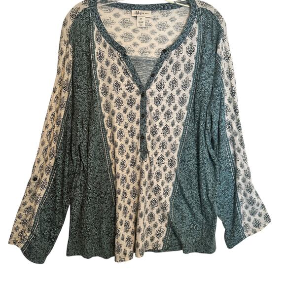 Style & Co Henley Top Womens Size 2X Teal Woodcut Mixed Print Boho Knit Tee - Picture 2 of 8